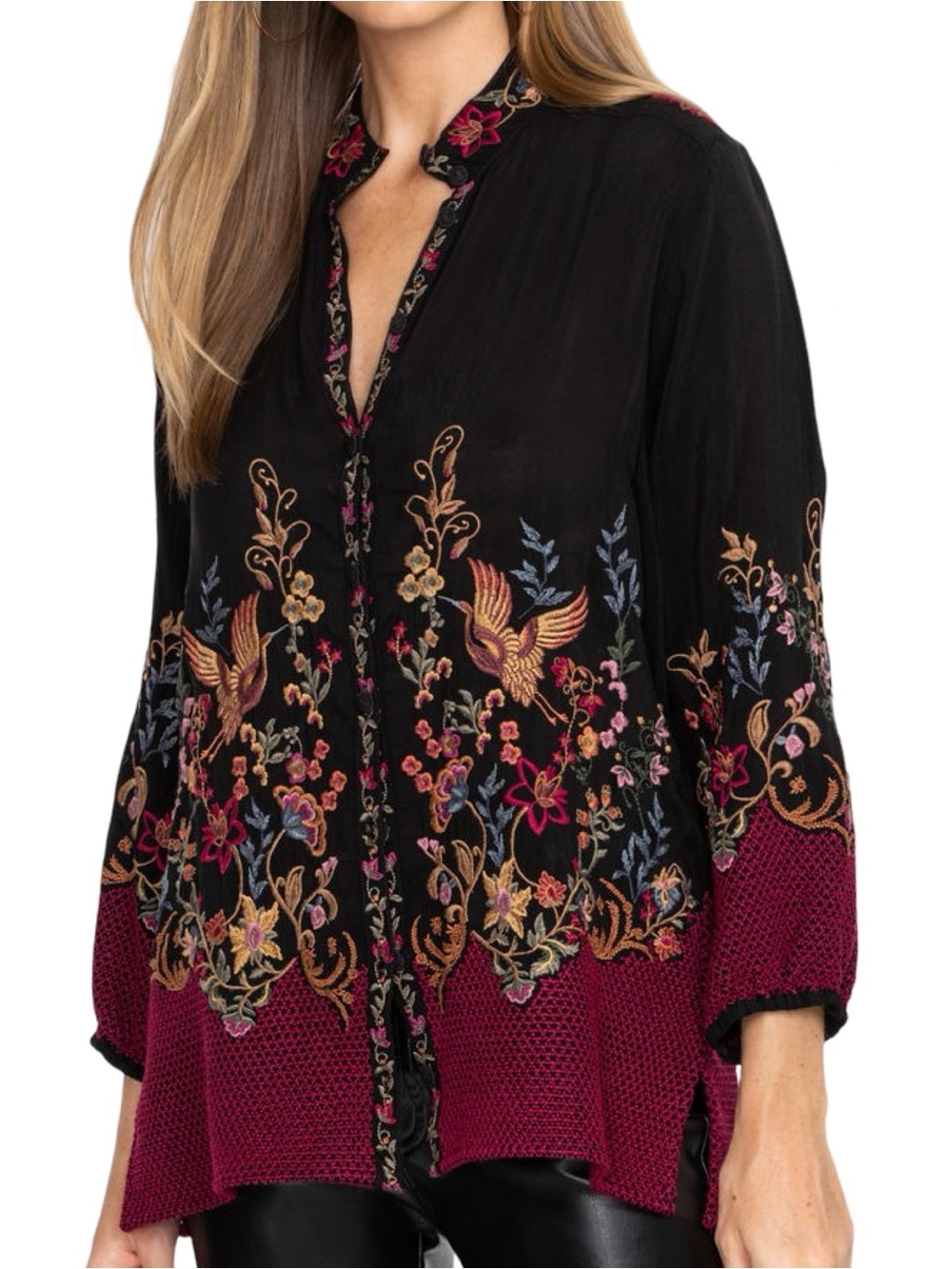 Johnny Was Women’s Size M Black Floral Eleana Button Down Blouse Shirt